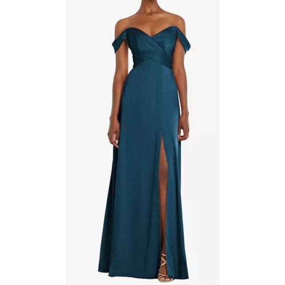 NWT Dessy Dress Size 0 OFF-THE-SHOULDER DRAPED NECKLINE MAXI Atlantic Blue - Picture 1 of 12